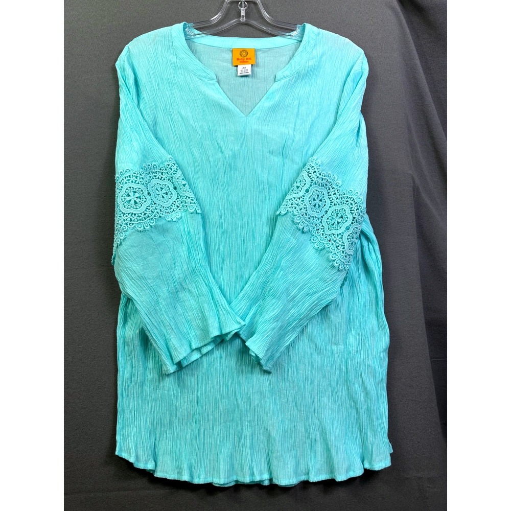 Ruby Rd Woman Turquoise Crinkle Gauze Crochet Lace Sleeve Tunic Top 2X